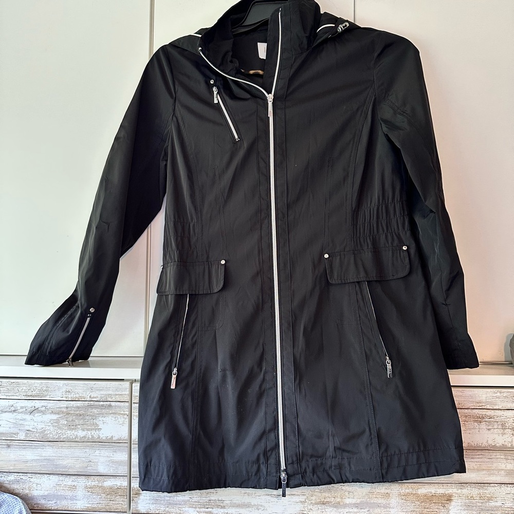🖤 Laundry by Shelli Segal Black Hooded Trench Rain Coat Jacket Size S